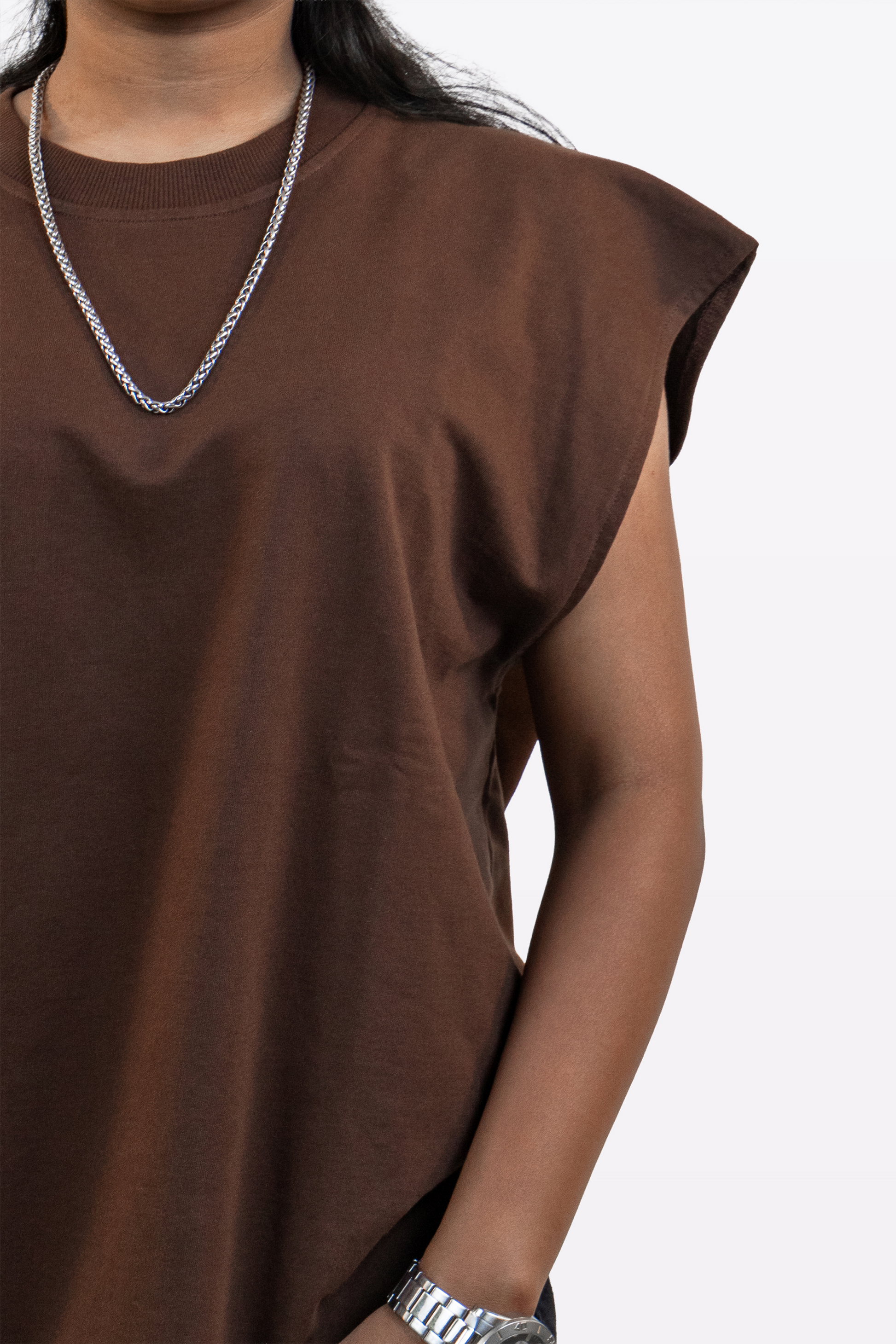 Close-up of the Harper Slein Foundation Tank in Cacao, showing the oversized fit and ribbed crew neck against a white background.