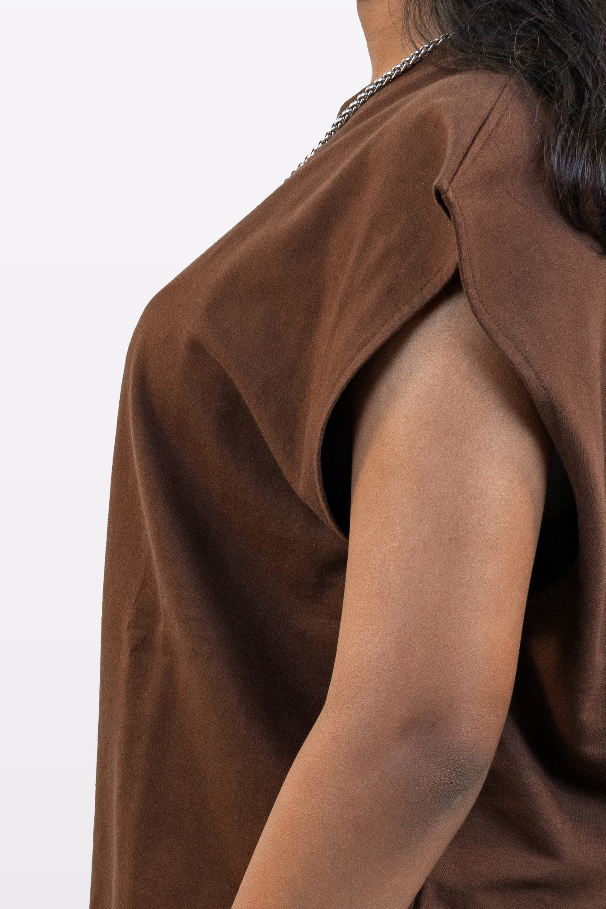Close-up of the Harper Slein Foundation Tank in Cacao, highlighting the oversized sleeve opening and fabric texture against a white background.