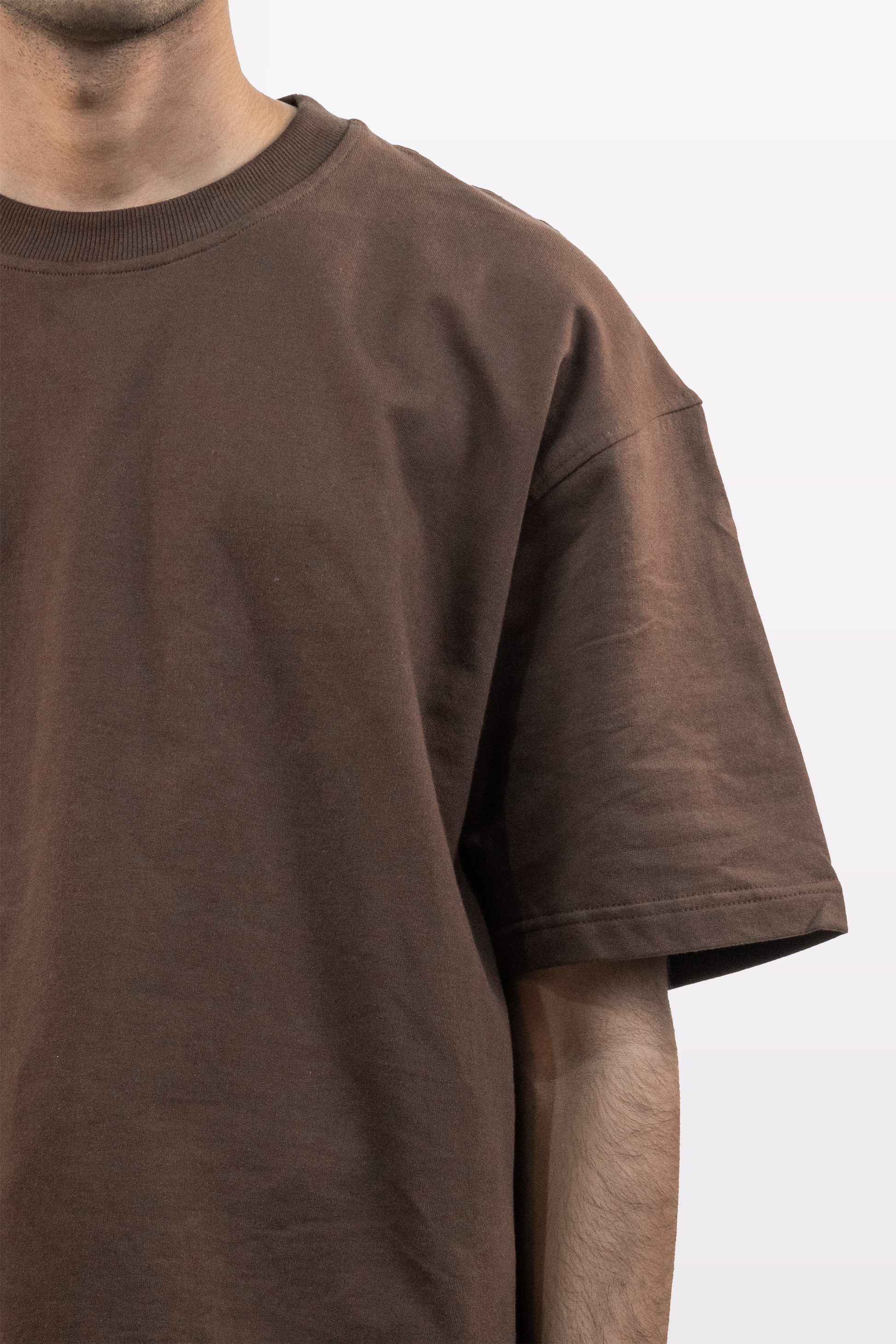 Close-up front chest view of a model wearing Harper Slein oversized t-shirt in Cacao on a white background