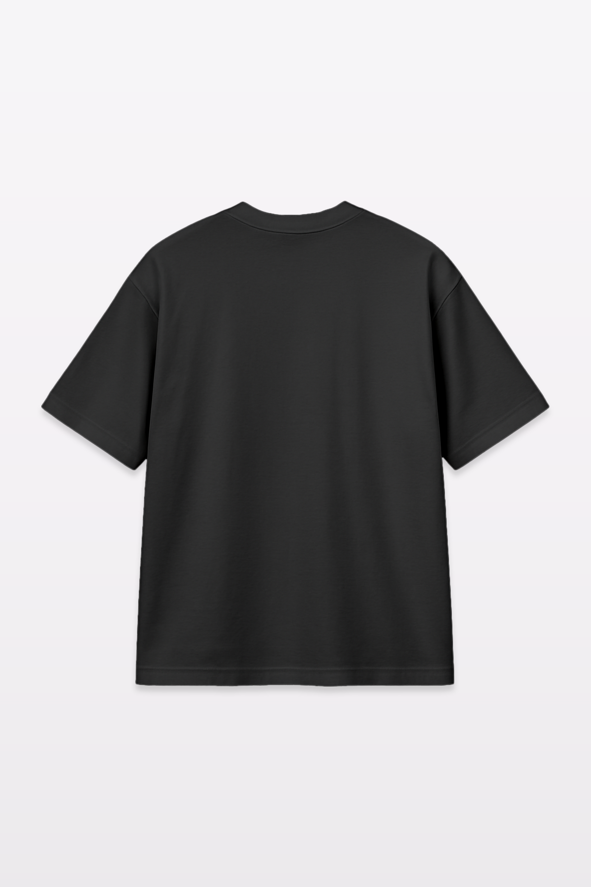 Flat lay back view of Harper Slein oversized t-shirt in Classic Black on a white background, highlighting stitching and cut