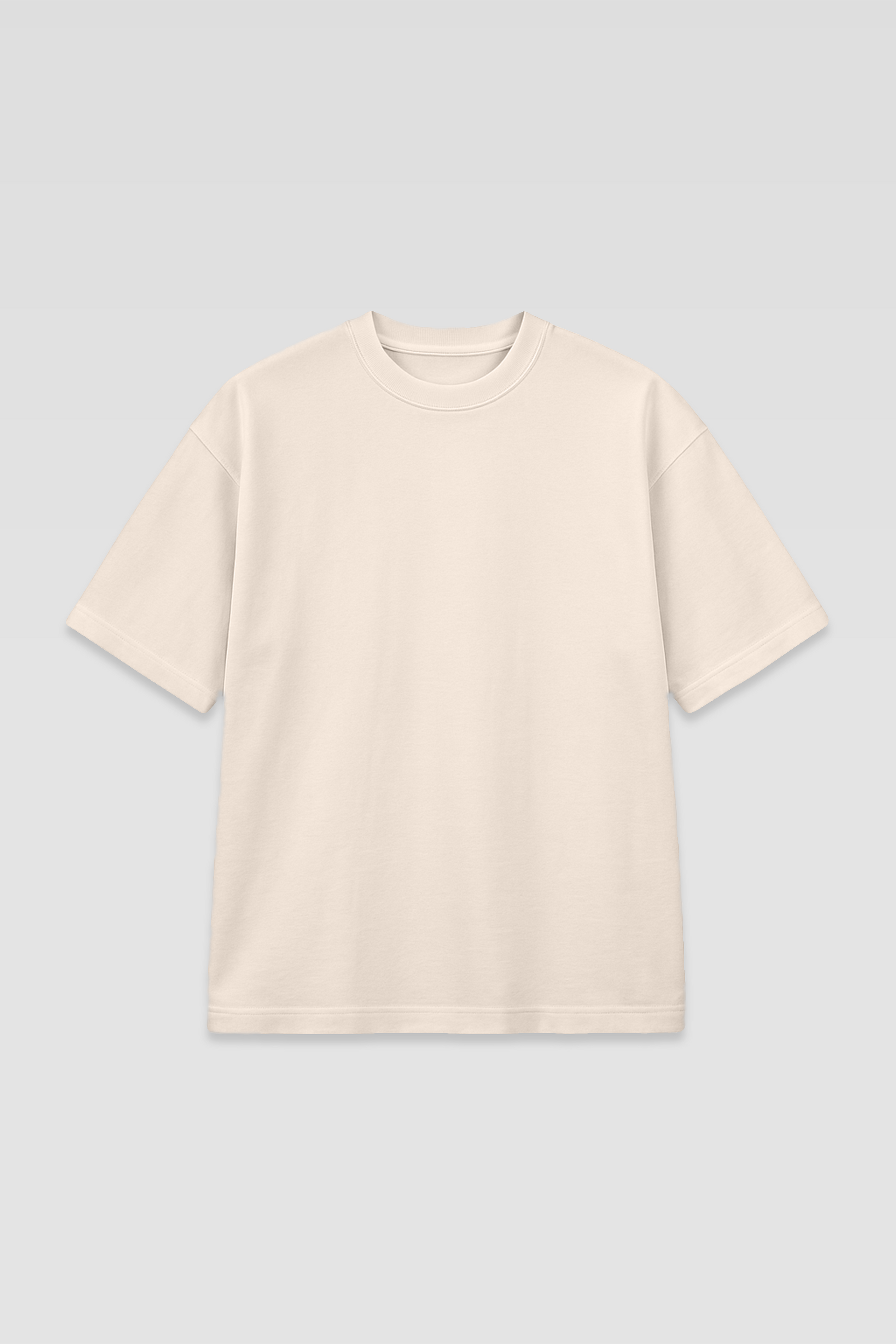 Flat lay of Harper Slein oversized t-shirt in OG Off White on a light gray background, showing front view and structure