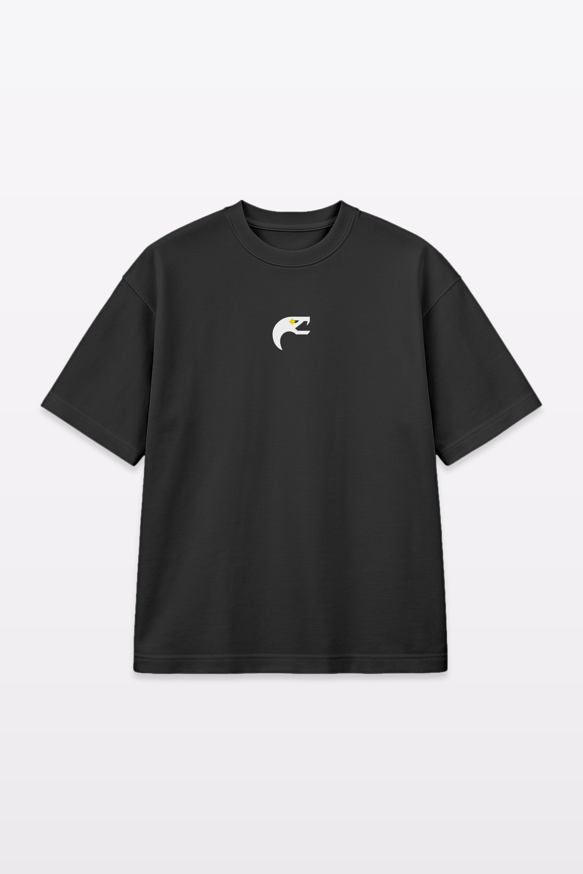 Flat lay of the Harper Slein Urban Crew Collection black oversized T-shirt, featuring a minimal white snake logo on the chest, against a light gray background.