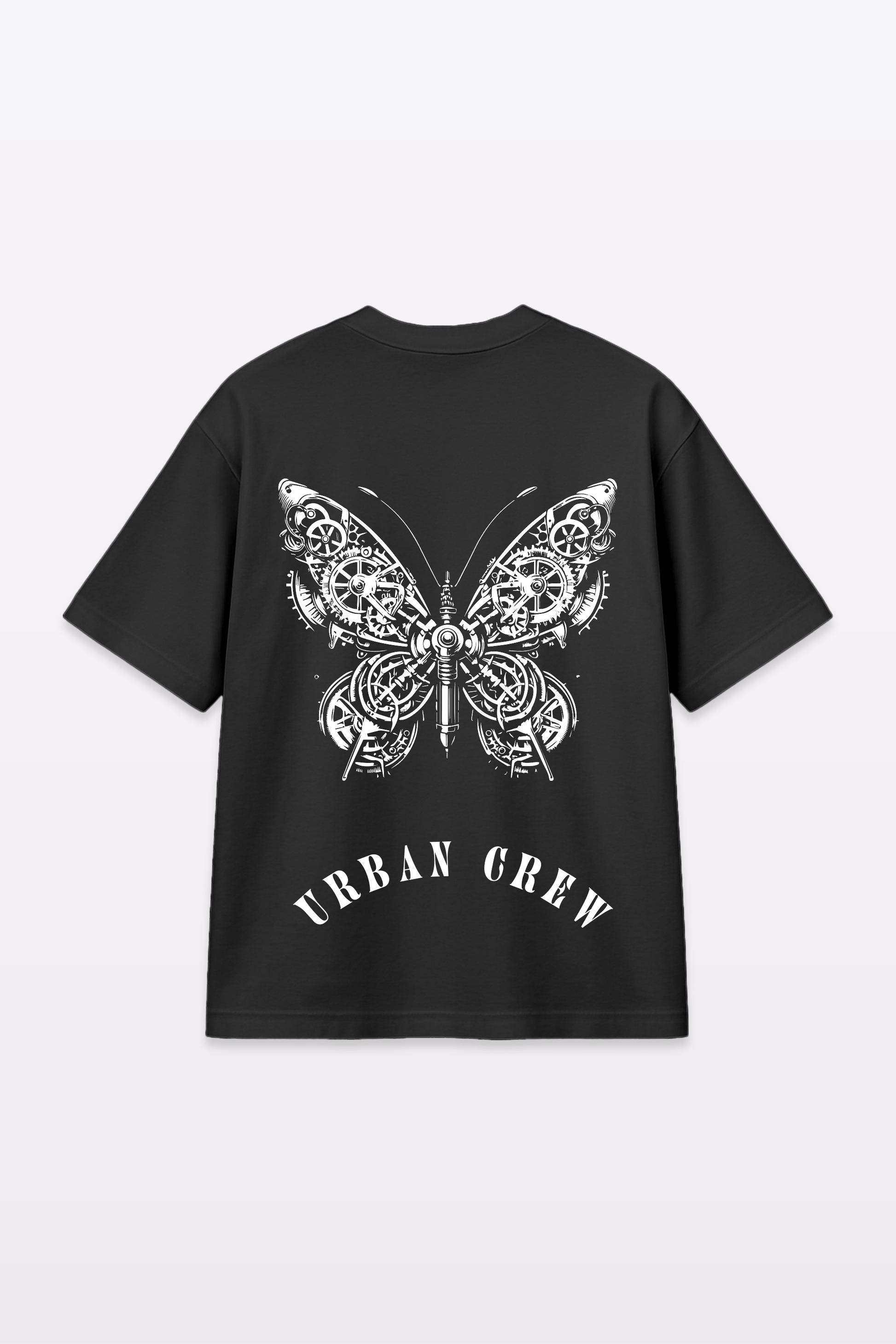 Flat lay of the Harper Slein Urban Crew Collection black oversized T-shirt, featuring an intricate white butterfly design and ‘Urban Crew’ text on the back, against a light gray background.