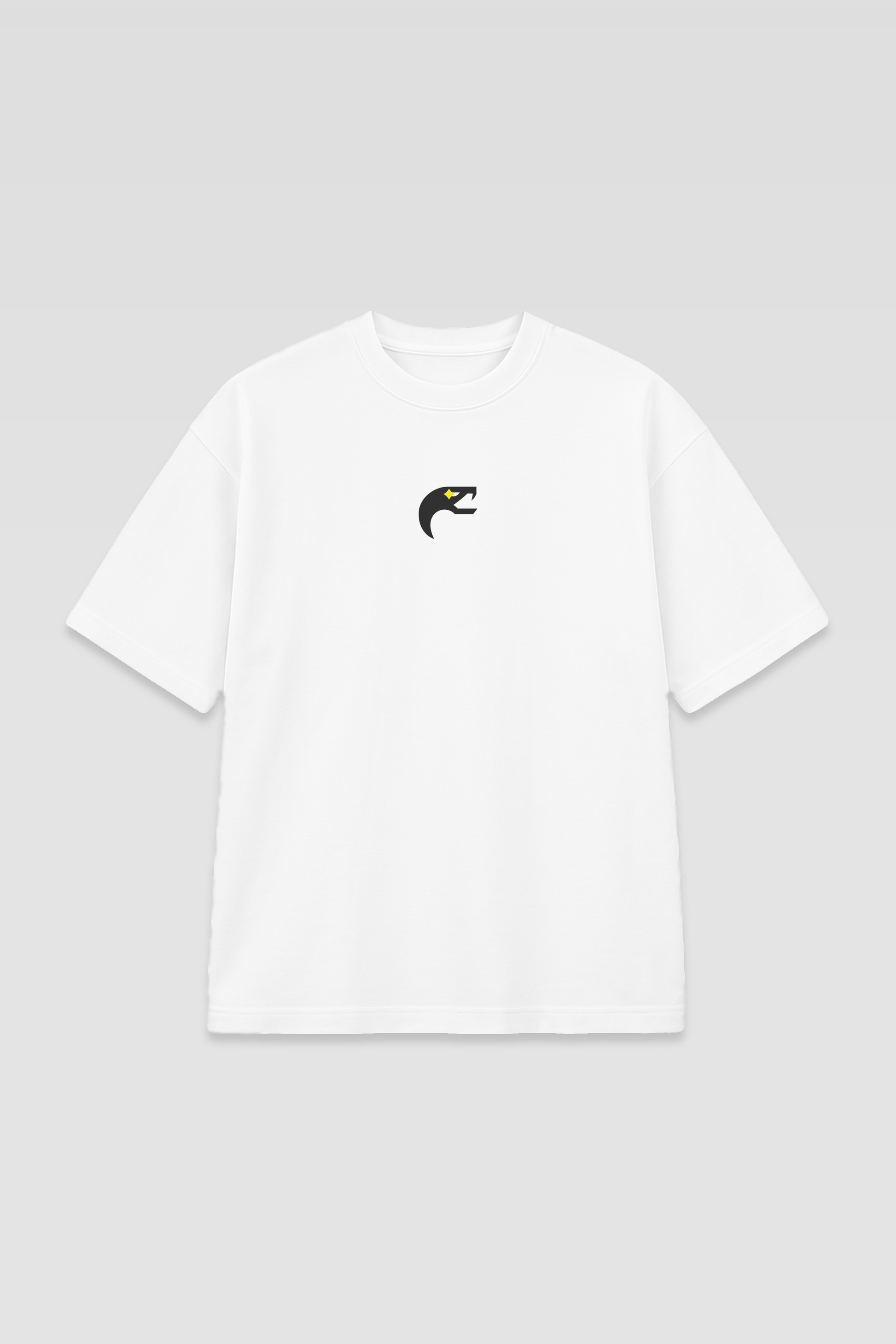 Flat lay of the Harper Slein Urban Crew Collection Snake Logo T-Shirt in white, featuring a black and yellow snake emblem on the chest, displayed against a light gray background.