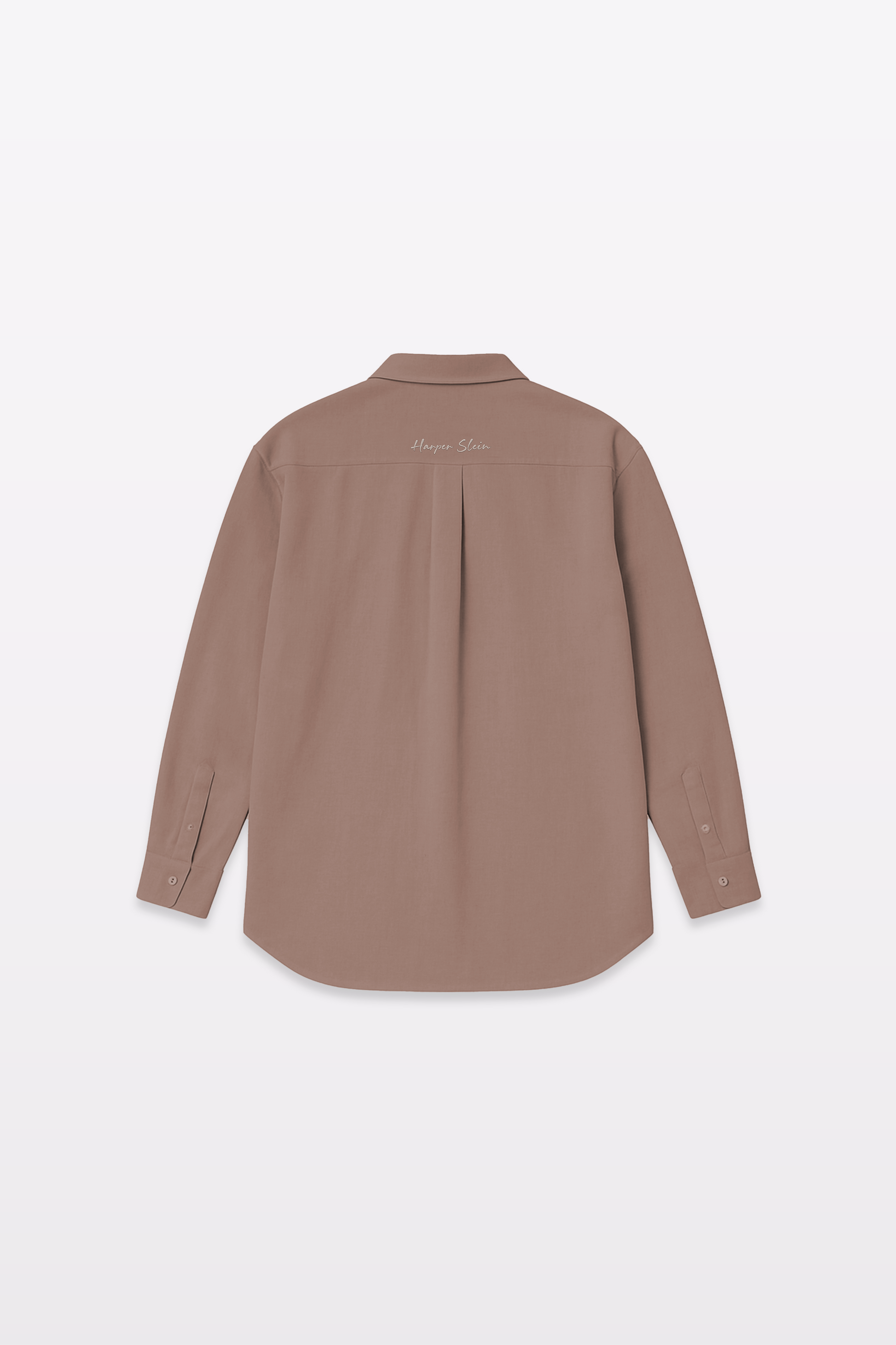 Harper Slein brown Oxford shirt laid flat, back view, on a light gray background