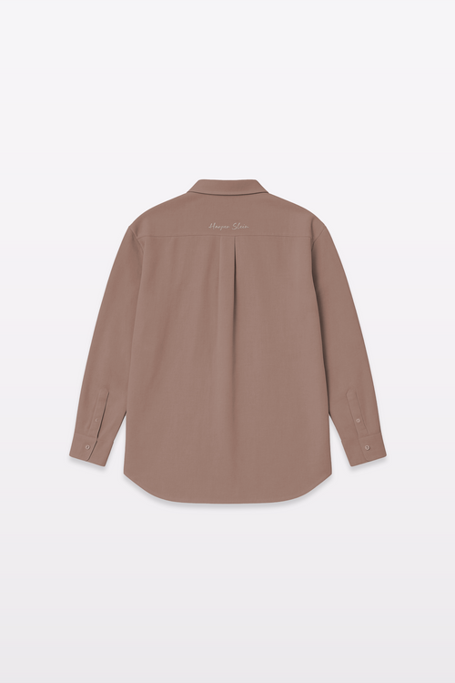 Harper Slein brown Oxford shirt laid flat, back view, on a light gray background