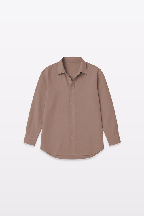 Harper Slein brown Oxford shirt laid flat, front view, on a light gray background