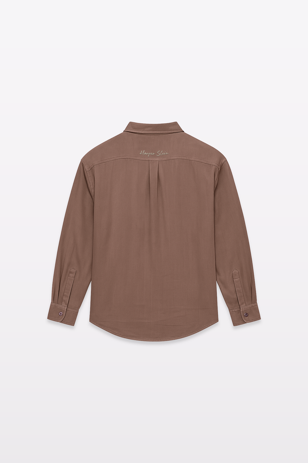 Harper Slein Contour Shirt in brown, flat lay back view on a white background
