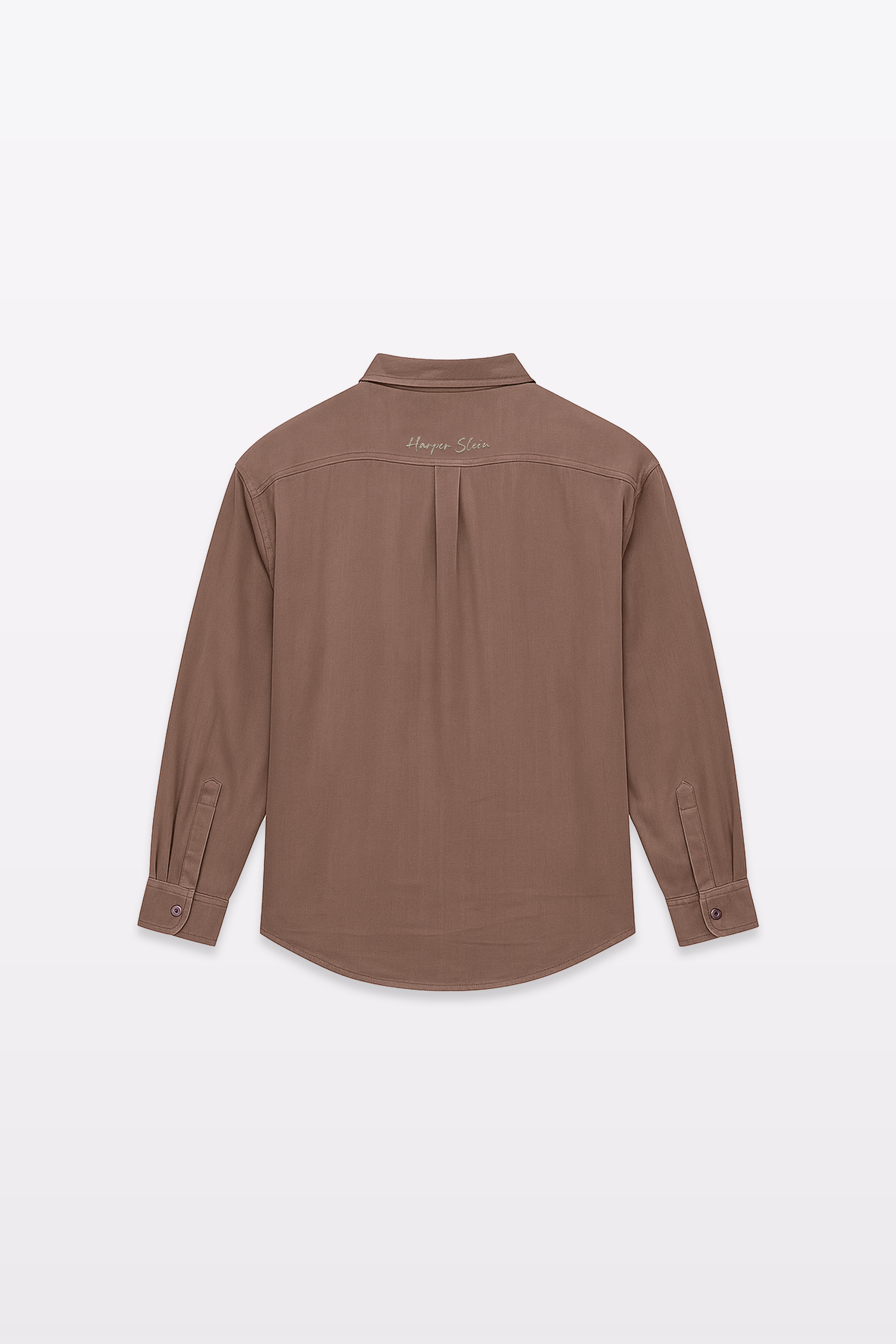 Harper Slein Contour Shirt in brown, flat lay back view on a white background