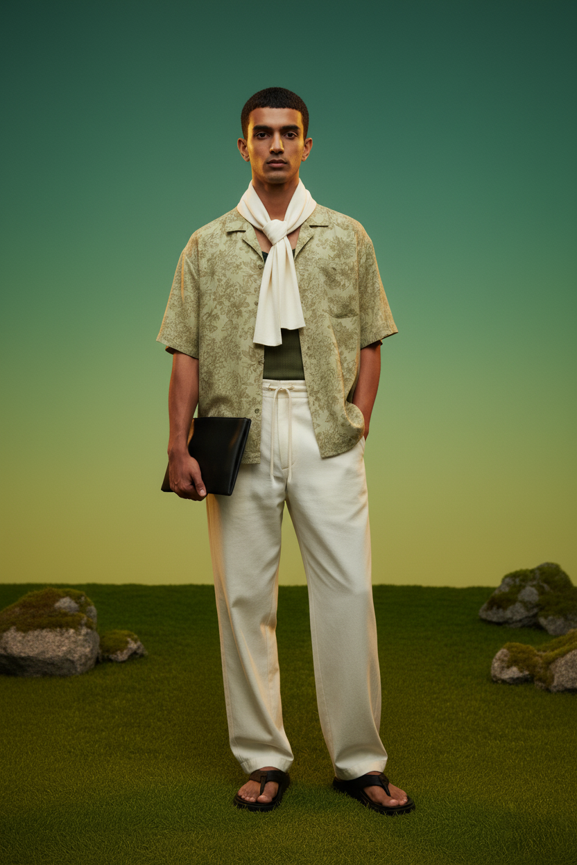 Olive Floral Cuban Collar Shirt