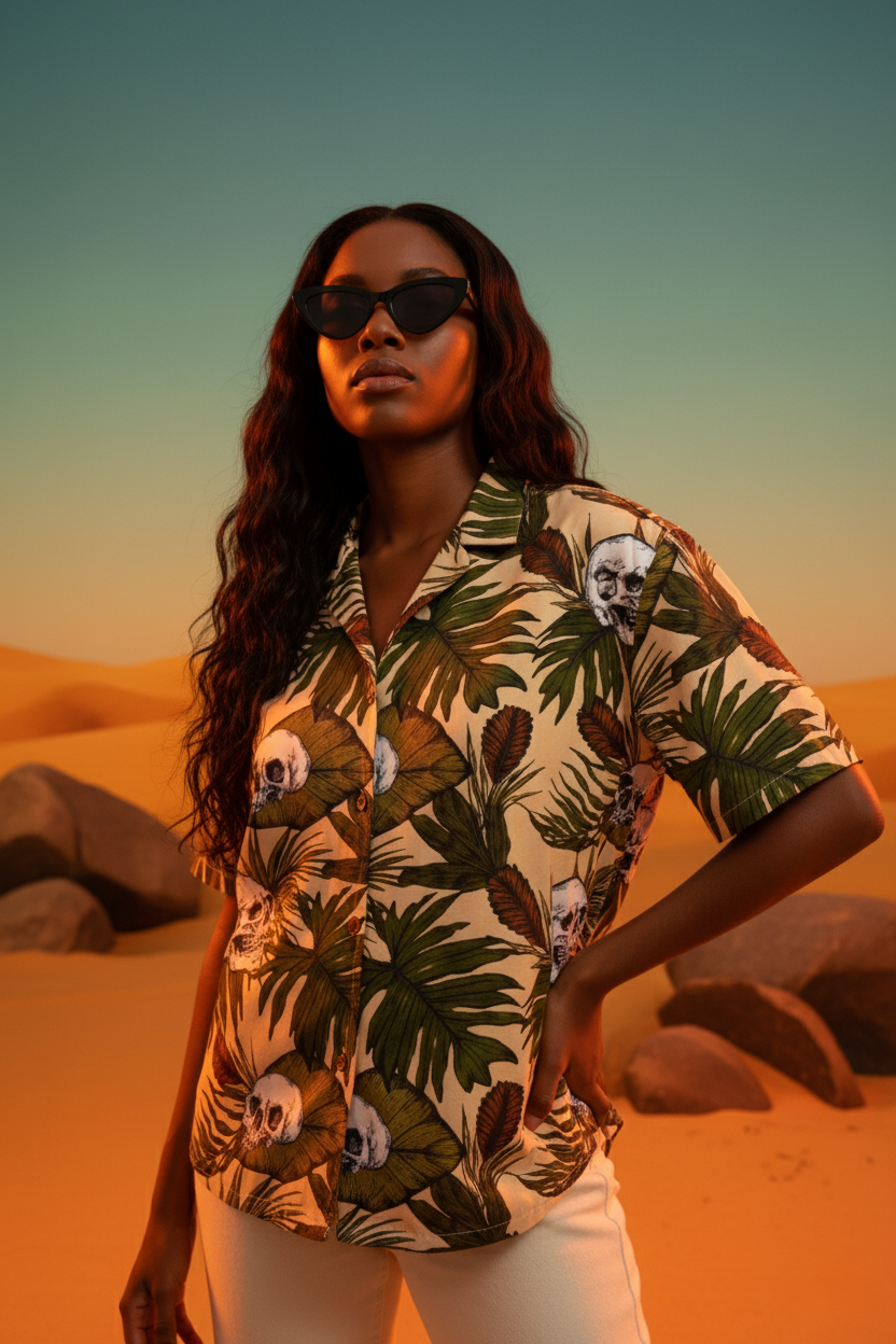 Tropical Skull Cuban Collar Shirt