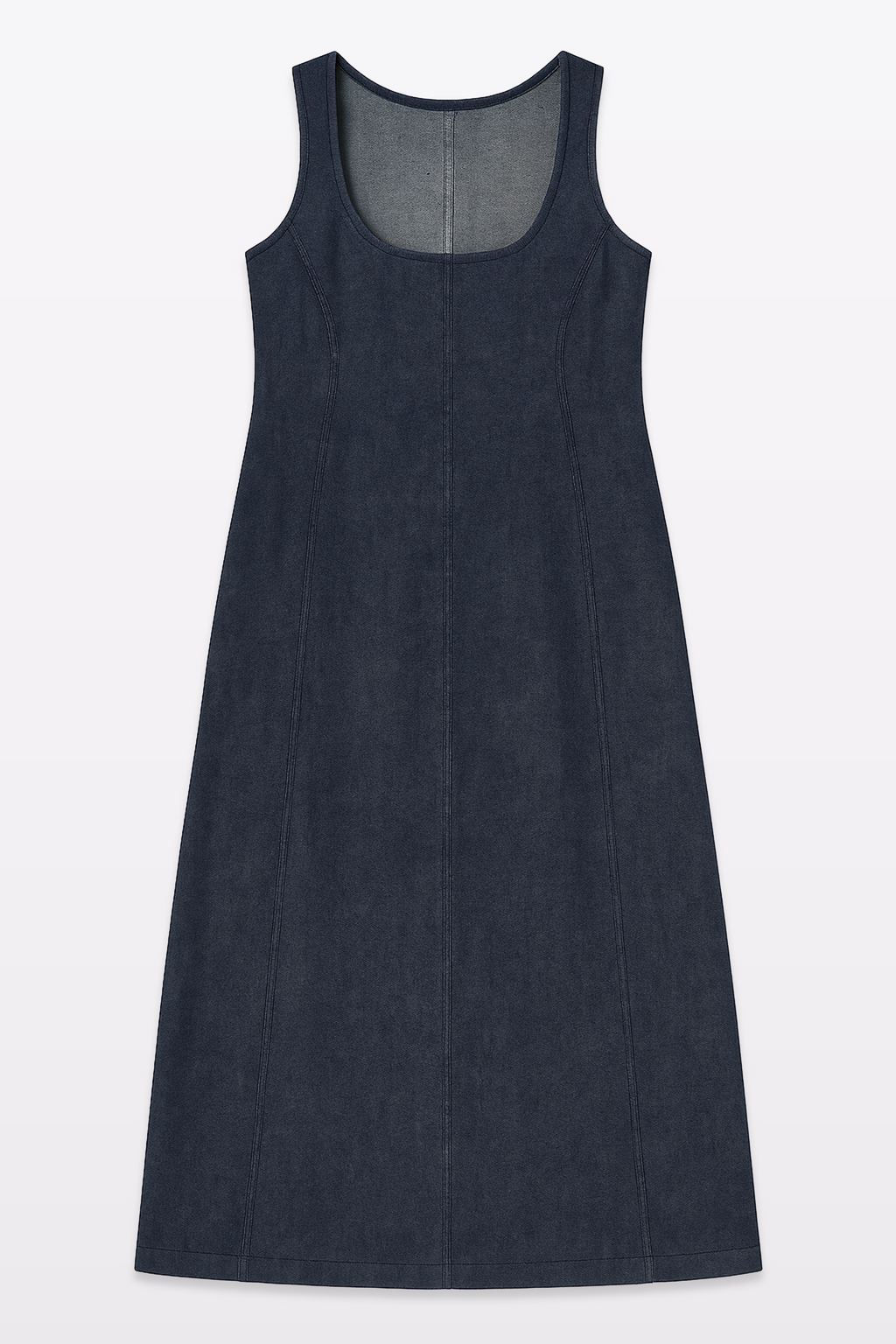 Harper Slein sleeveless denim dress, flat lay front view, displayed on a light background