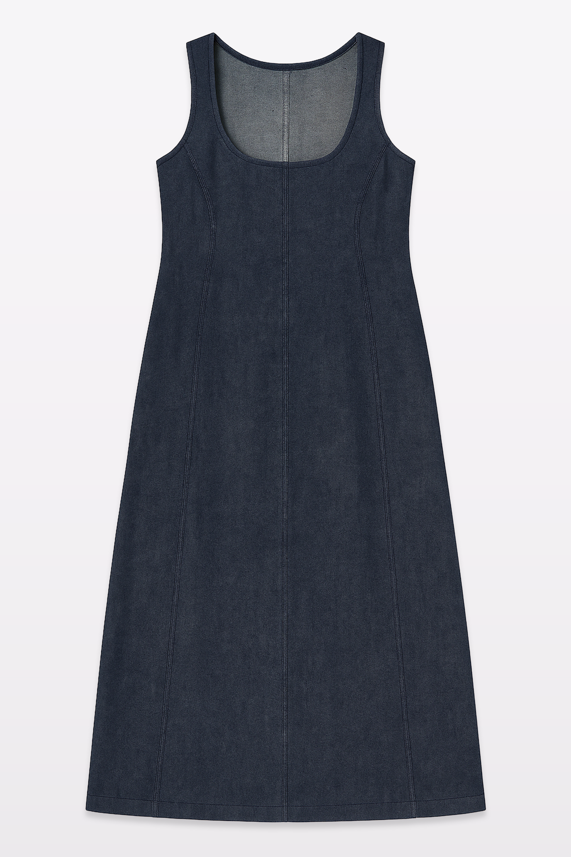Harper Slein sleeveless denim dress, flat lay front view, displayed on a light background
