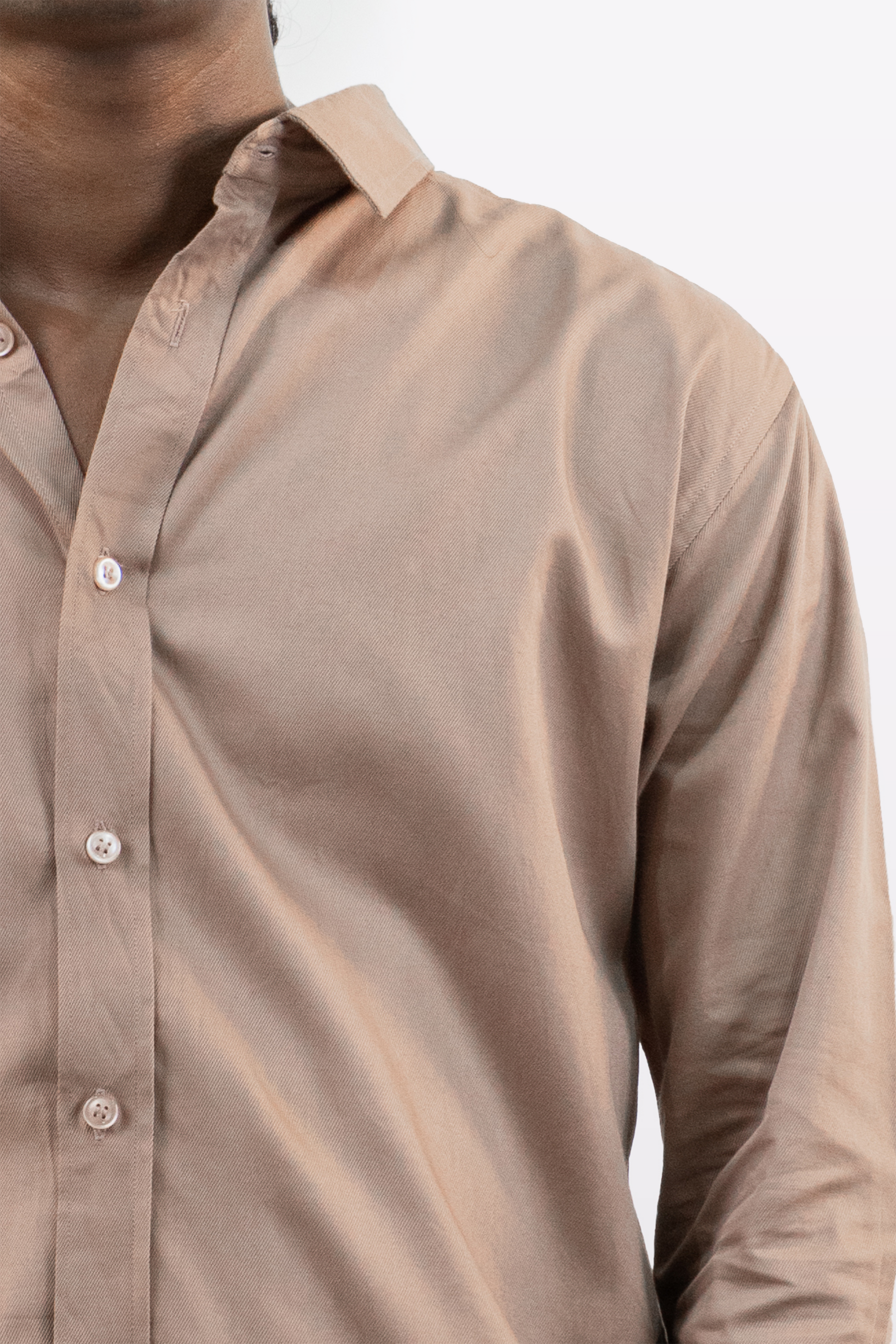 Close-up front detail of the Harper Slein Brown Oxford Shirt showing buttons and collar on a white background.