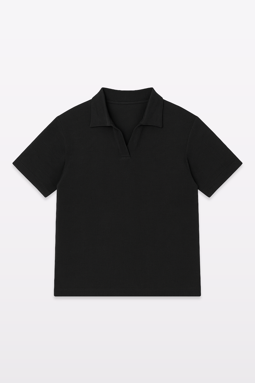 Harper Slein ribbed black polo t-shirt in flat lay front view on a white background