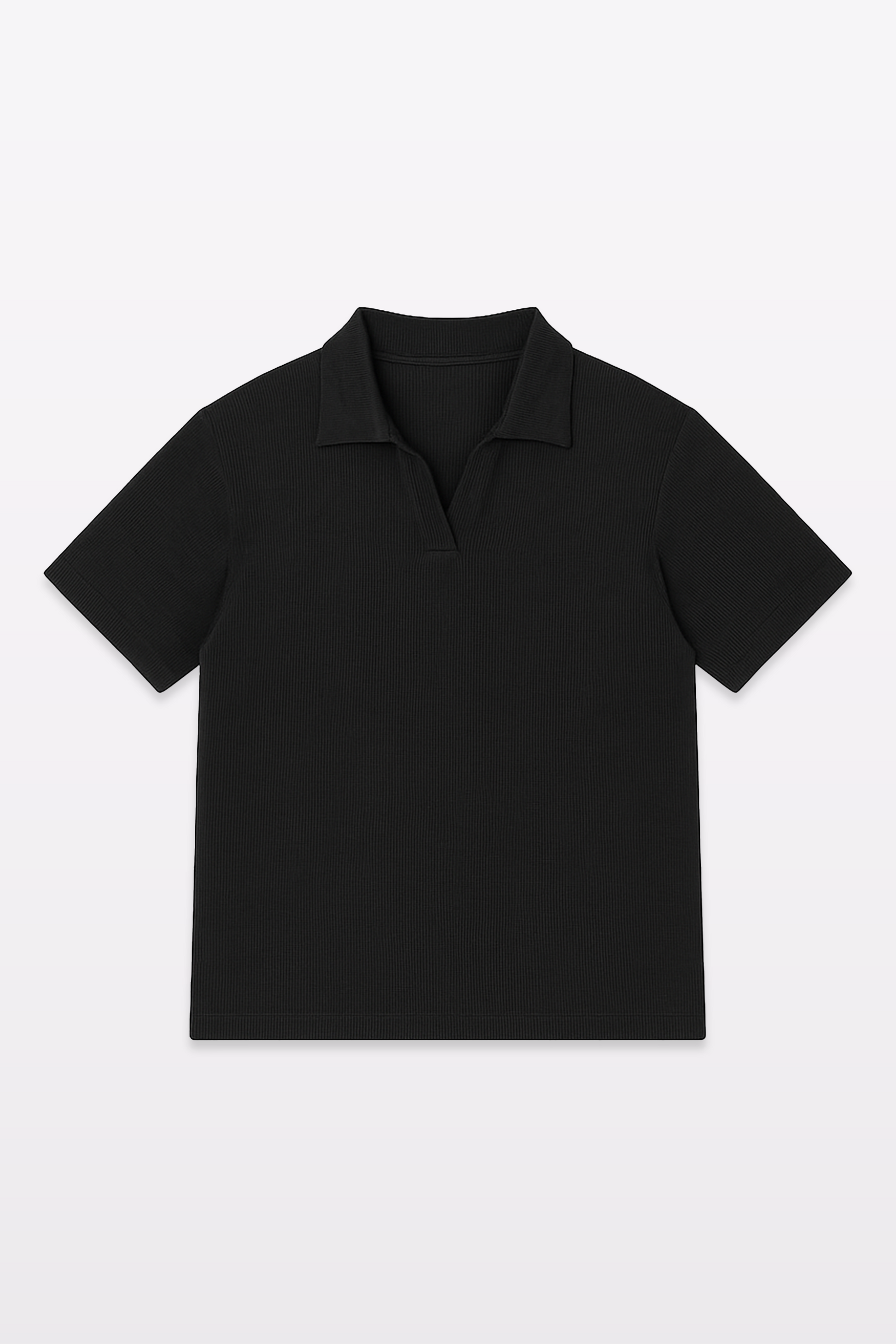 Harper Slein ribbed black polo t-shirt in flat lay front view on a white background