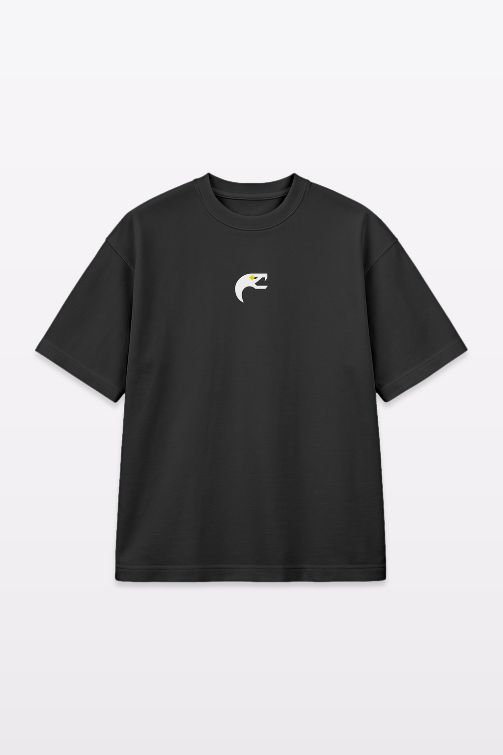 Flat lay of the Harper Slein Urban Crew Collection black oversized T-shirt, featuring a minimal white snake logo on the chest, against a light gray background.