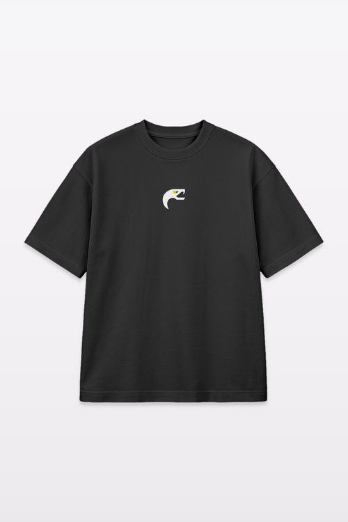 Flat lay of the Harper Slein Urban Crew Collection black oversized T-shirt, featuring a minimal white snake logo on the chest, against a light gray background.