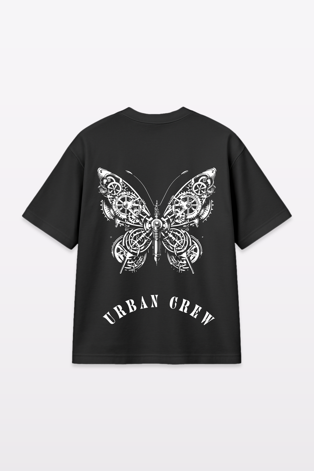 Flat lay of the Harper Slein Urban Crew Collection black oversized T-shirt, featuring an intricate white butterfly design and ‘Urban Crew’ text on the back, against a light gray background.