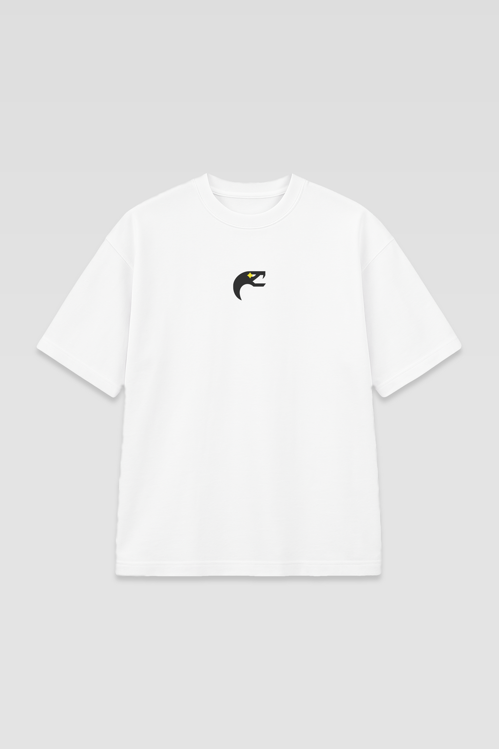 Flat lay of the Harper Slein Urban Crew Collection Snake Logo T-Shirt in white, featuring a black and yellow snake emblem on the chest, displayed against a light gray background.
