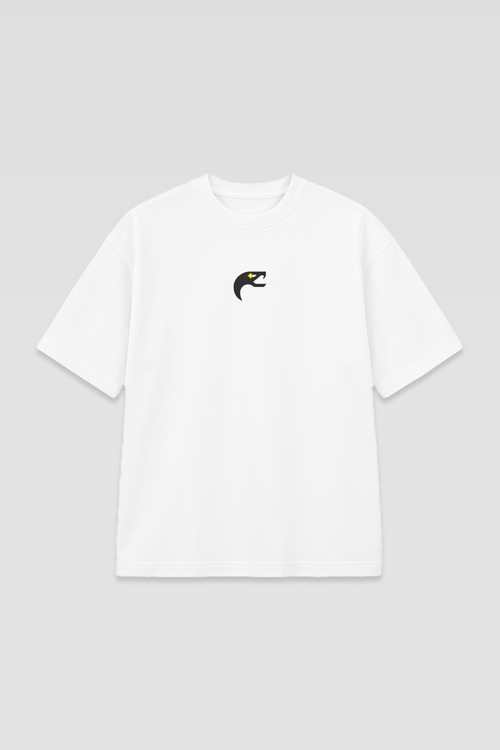 Flat lay of the Harper Slein Urban Crew Collection Snake Logo T-Shirt in white, featuring a black and yellow snake emblem on the chest, displayed against a light gray background.