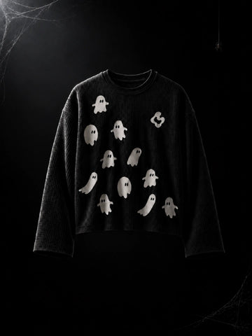 Afterlife black waffle-knit long-sleeve tee with white ghost artwork, front flat lay