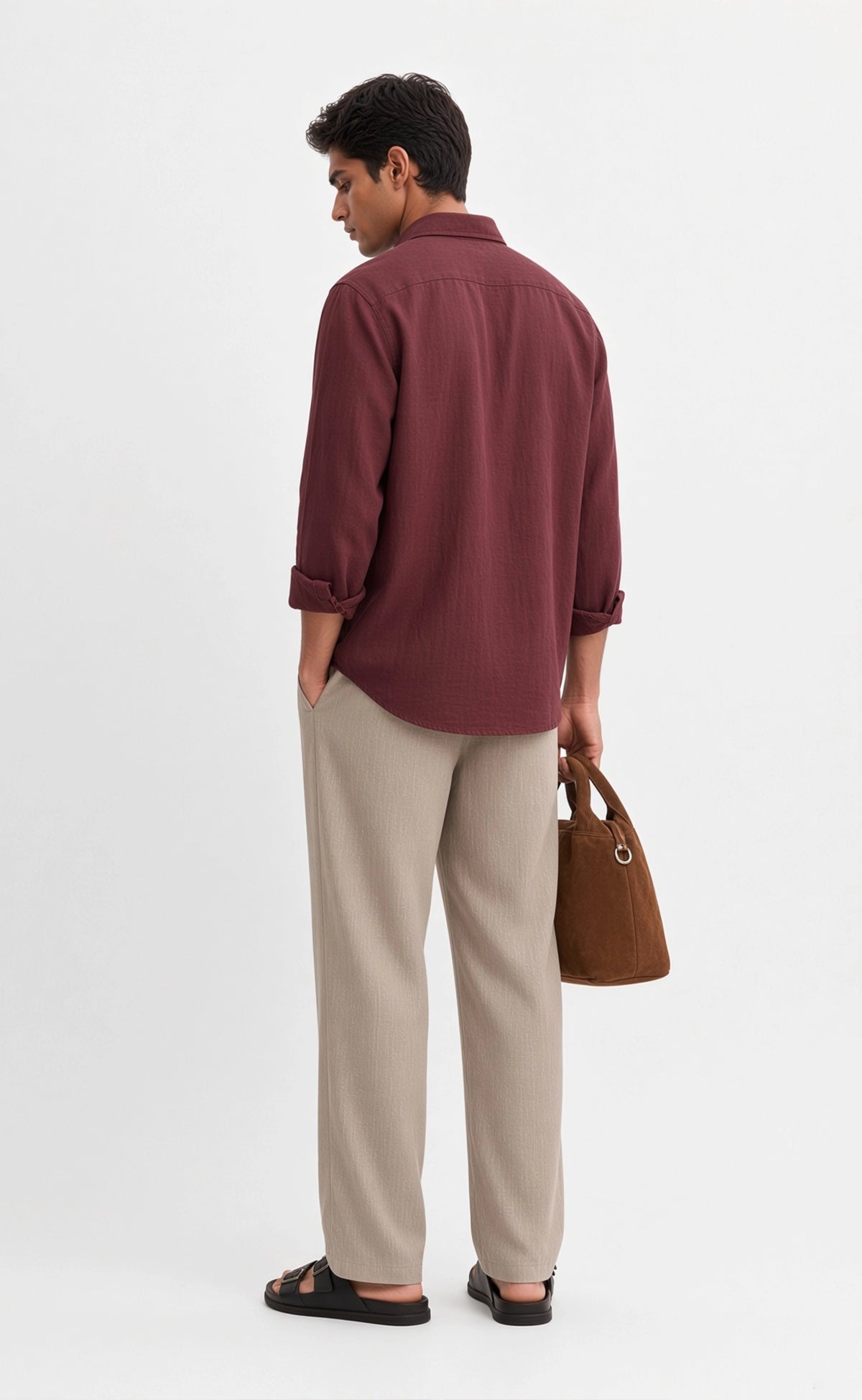 Burgundy cotton diya shirt worn by a model, back view