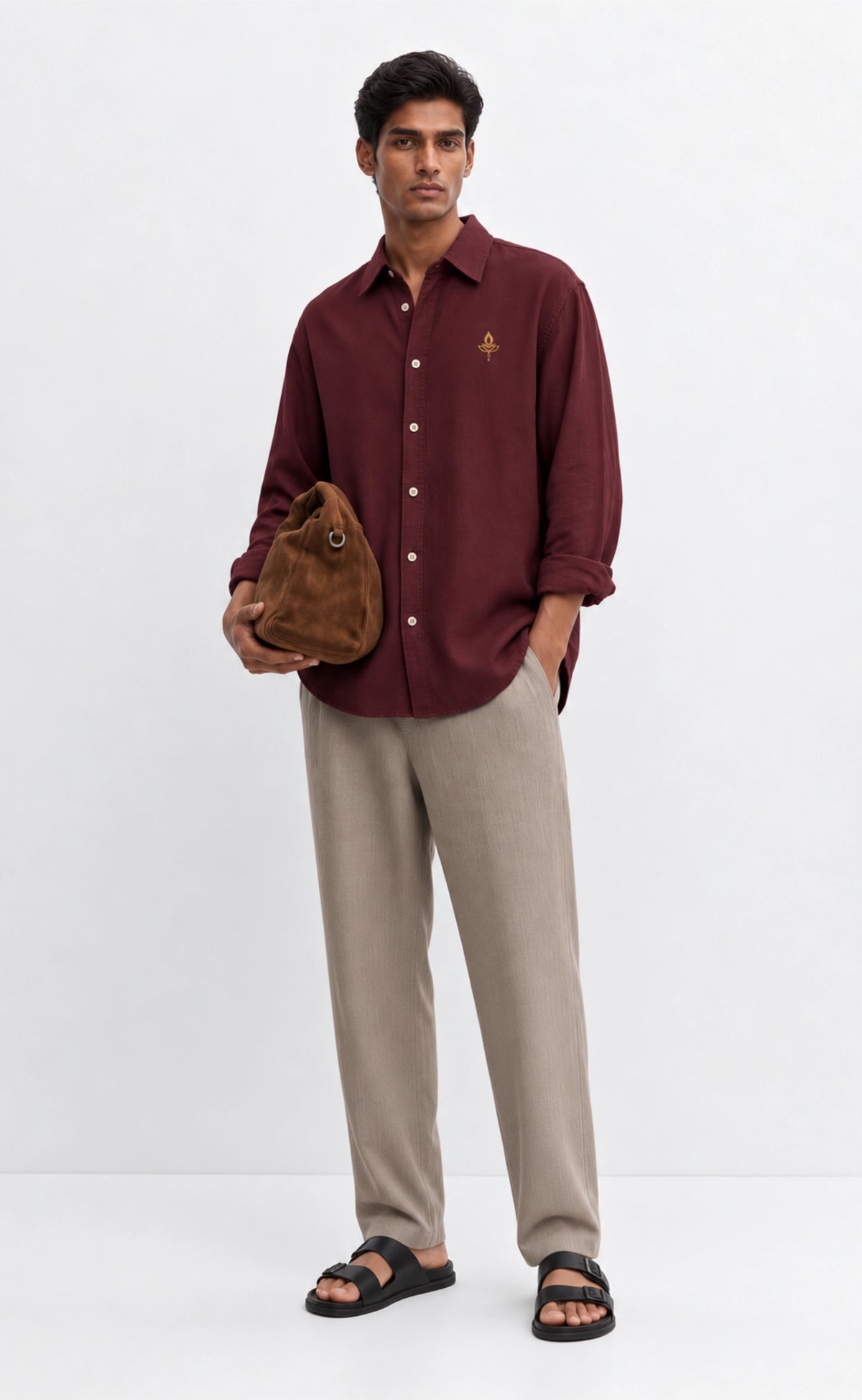 Burgundy cotton diya shirt worn by a model, full front view