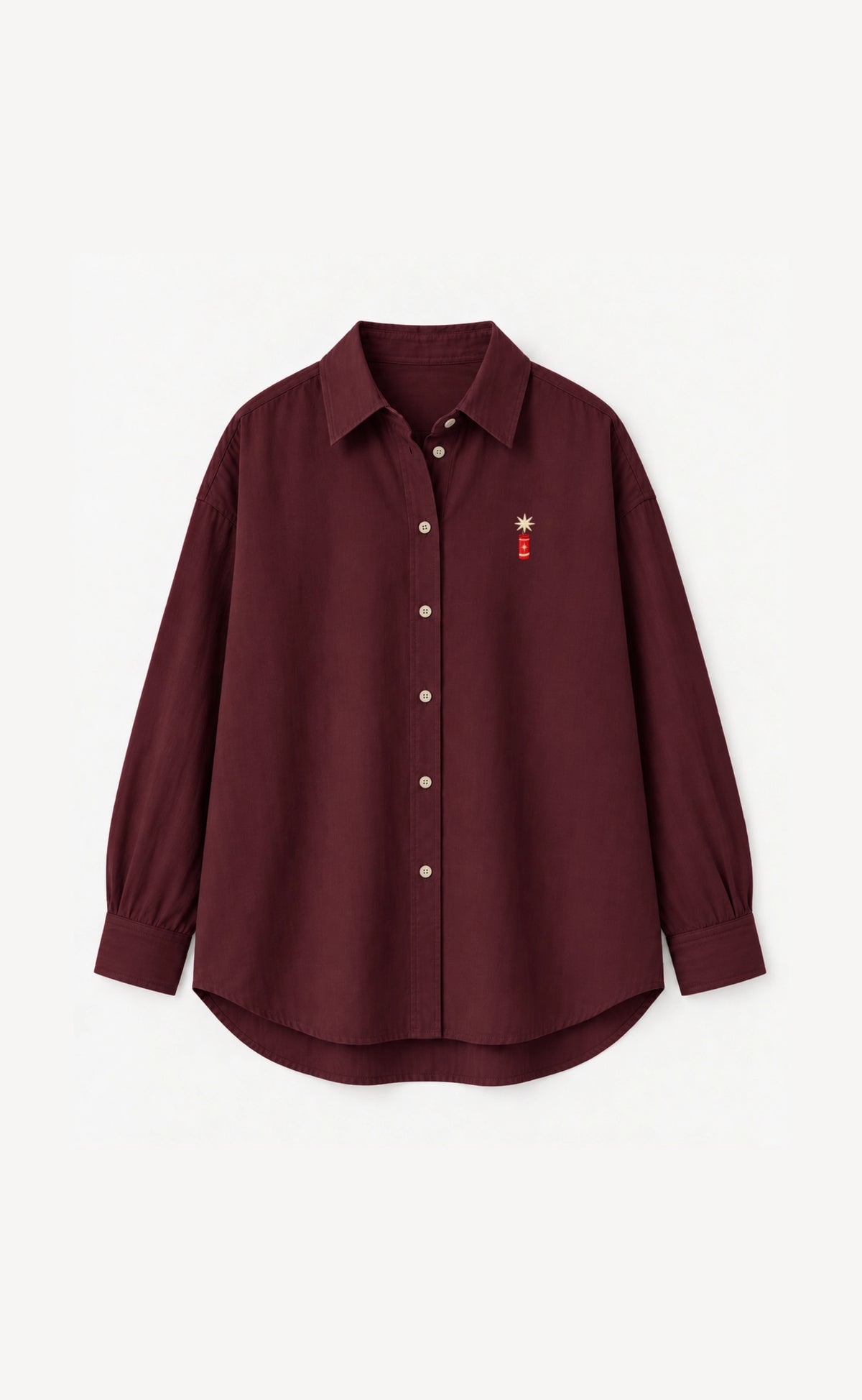 Burgundy cotton firecracker shirt, front flat lay