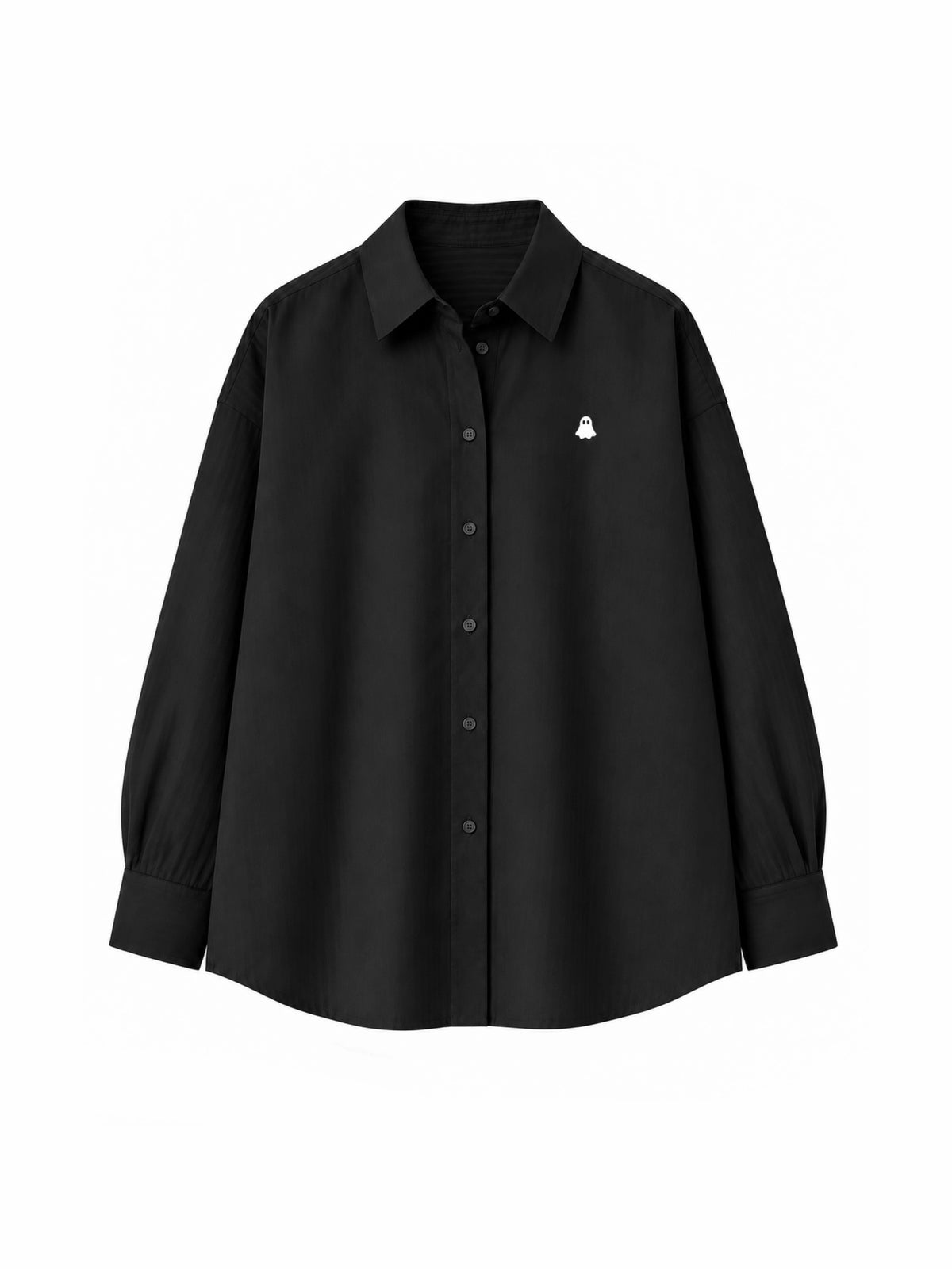 The Ghost Shirt in black with white ghost chest embroidery, front flat lay