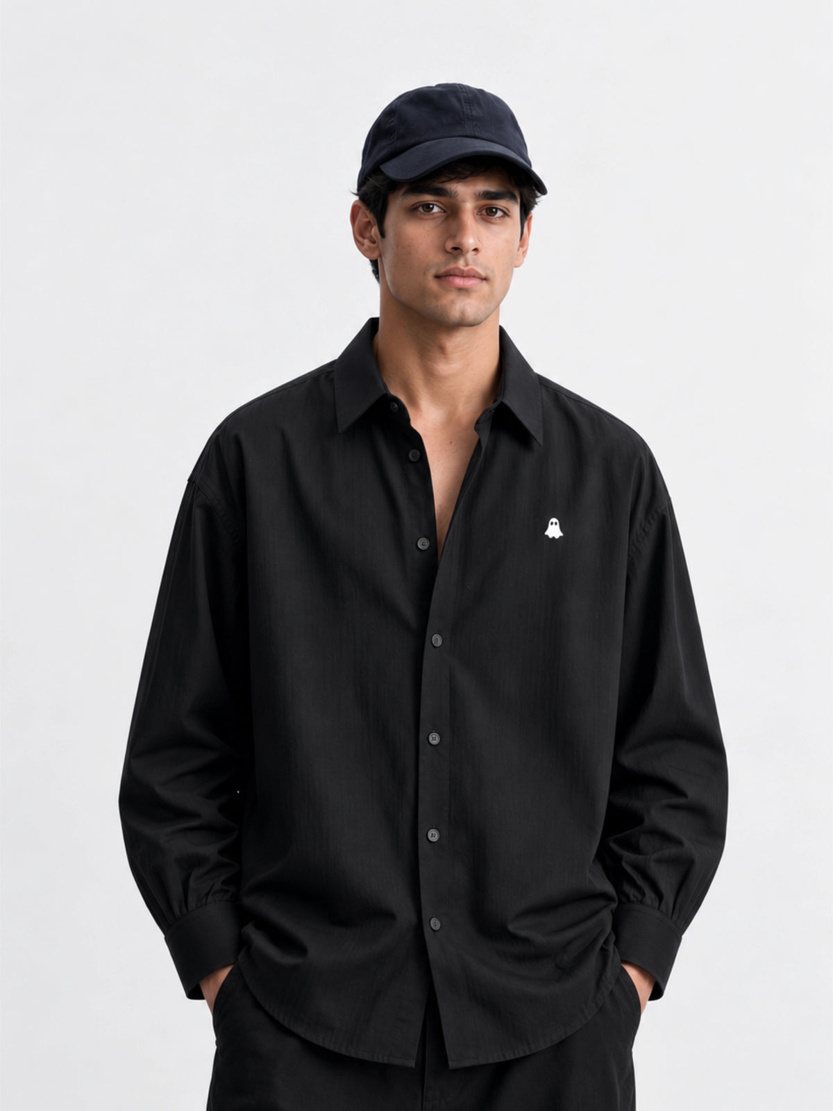 The Ghost Shirt worn by a model, front view