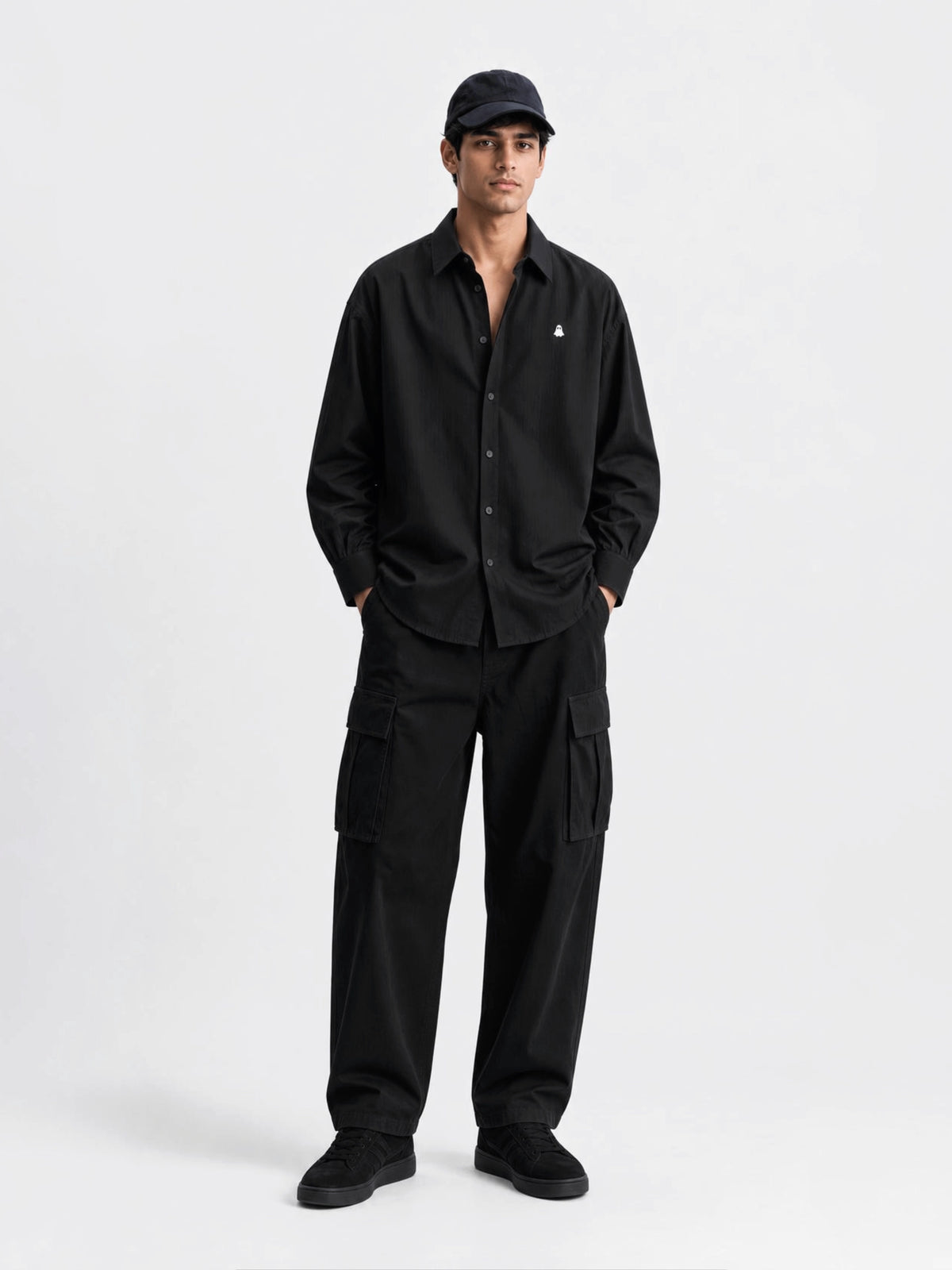 Full outfit showing the relaxed fit of The Ghost Shirt