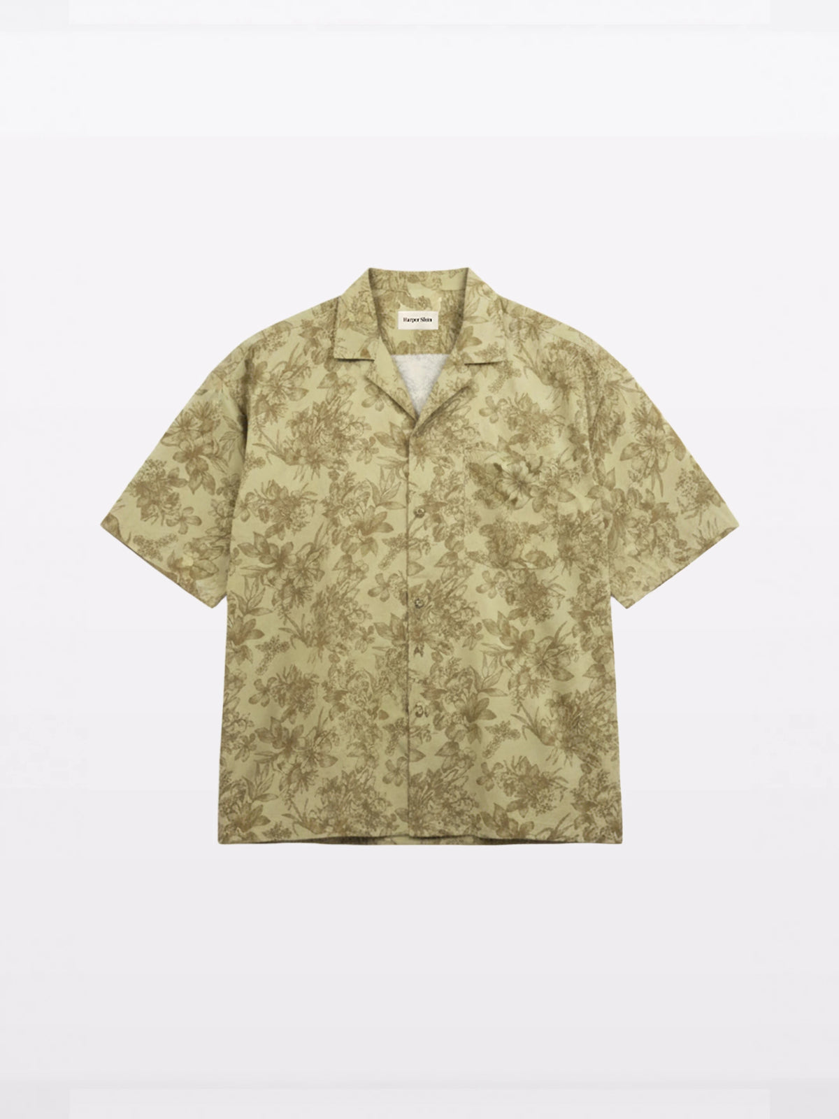 Olive Floral Cuban Collar Shirt — flat lay