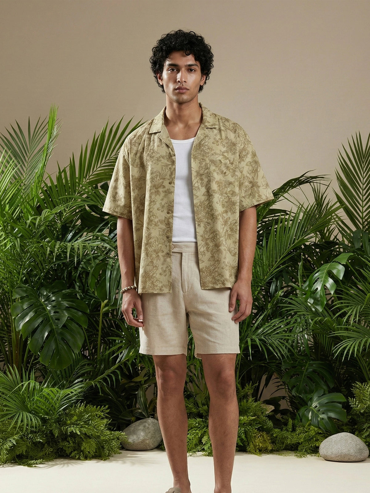 Olive Floral Cuban Collar Shirt — product photo