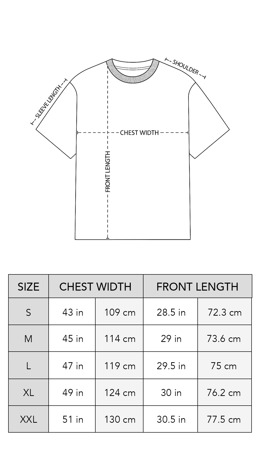 Size chart for Harper Slein Oversized Tee showing chest width and front length in inches and centimeters for sizes S to XXL, with line diagram of tee.