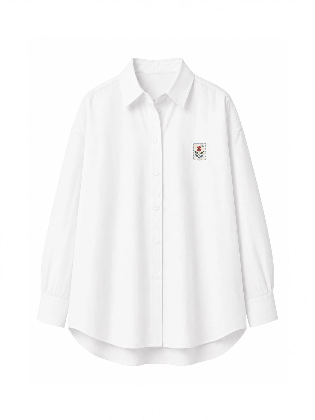 A white long-sleeve button-up shirt with a pointed collar and a small embroidered rose patch on the left chest, displayed on a clean white background.