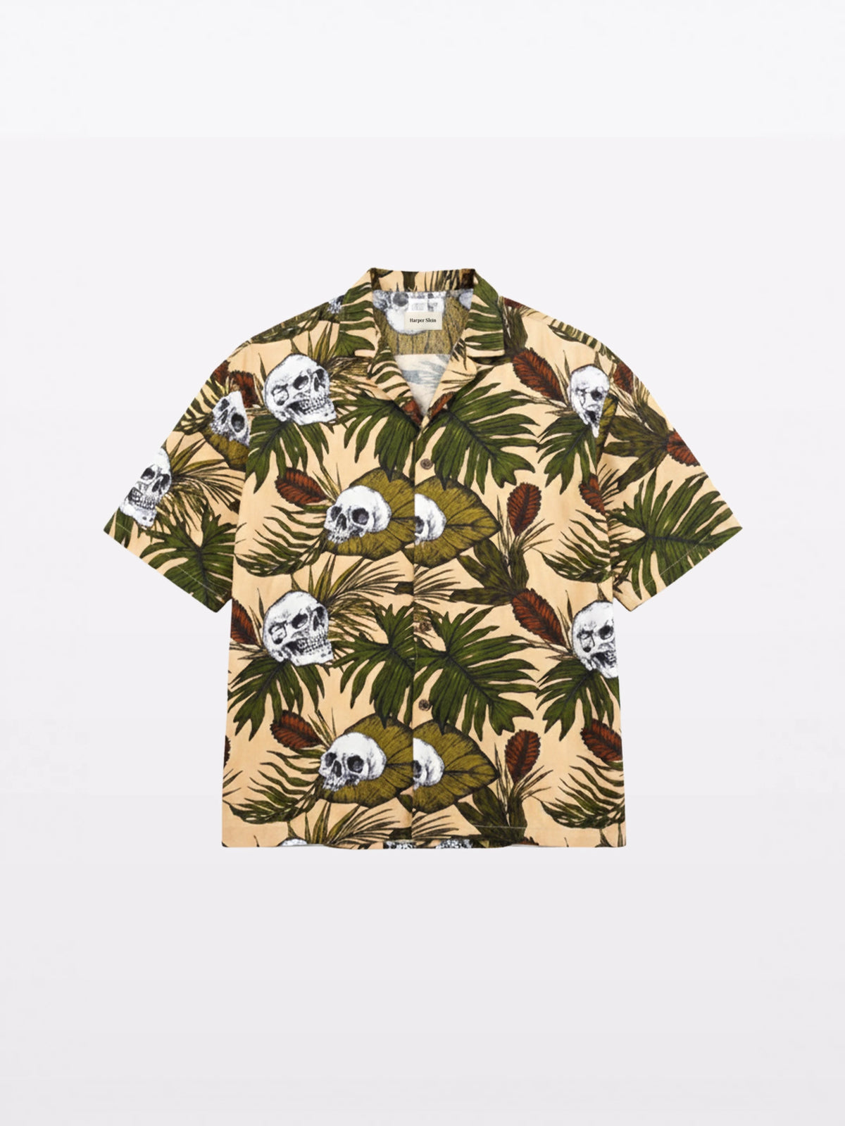 Tropical Skull Cuban Collar Shirt — flat lay