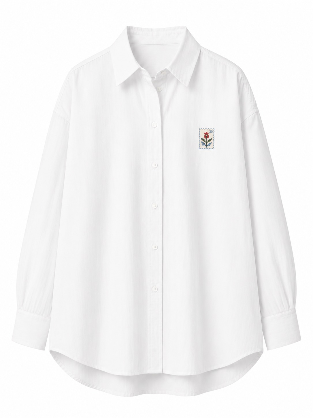 A white long-sleeve button-up shirt with a pointed collar and a small embroidered rose patch on the left chest, displayed on a clean white background.